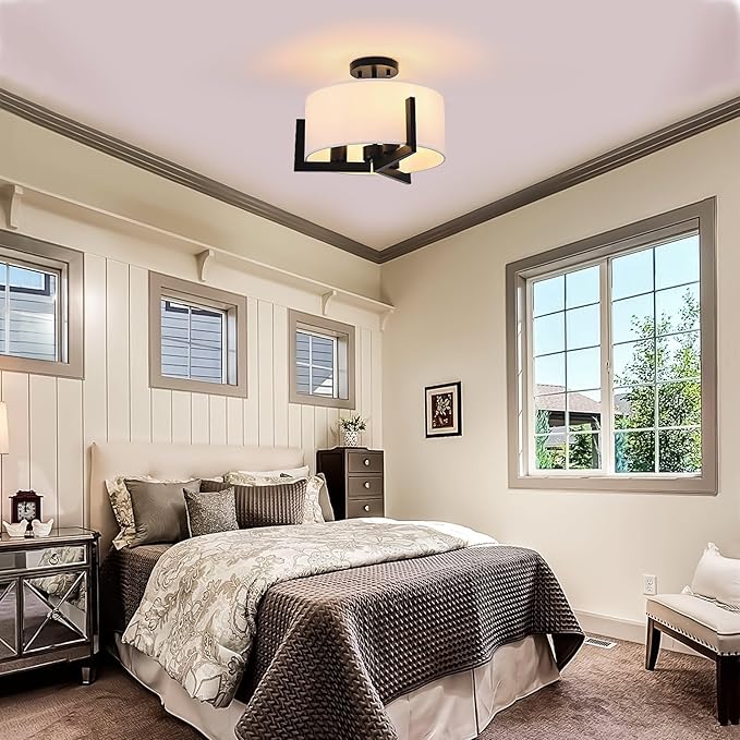 16 inch Semi Flush Mount Ceiling Light: 3-Light Black Modern Light Fixtures Ceiling Mount with Drum Fabric Shade, Close to Ceiling Lamp for Bedroom, Kitchen, Entryway (Bulb Exclude)