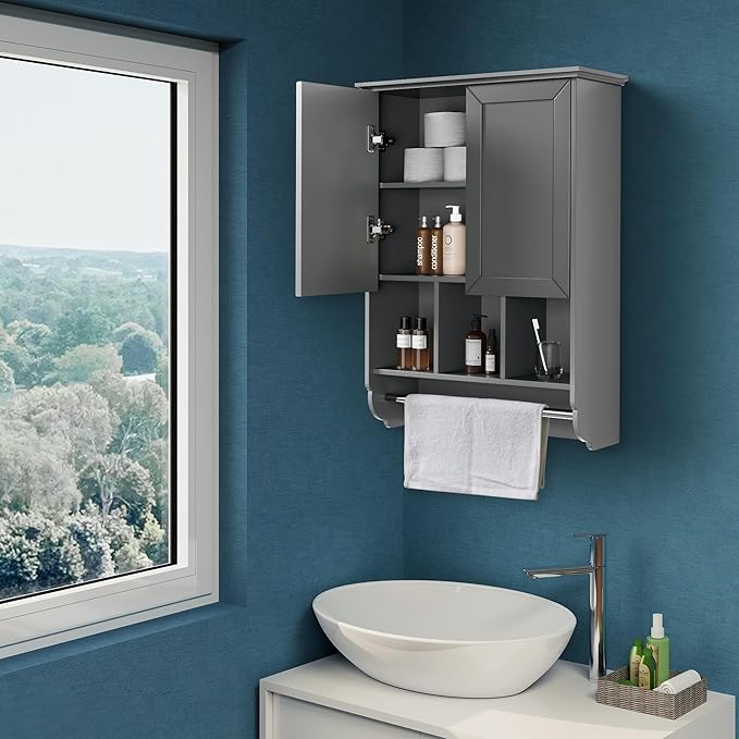 Bathroom Wall Cabinet with Towel Bar, Wooden Medicine Cabinet Adjustable Shelves
