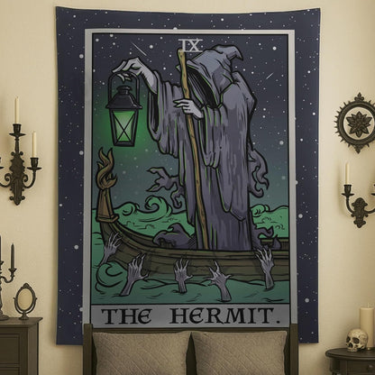 The Hermit Tarot Card Tapestry - Grim Reaper - Gothic Halloween Home Decor Wall Hanging (80" x 68")