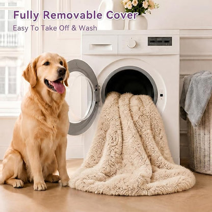 Human Dog Bed with Pillow & Blanket - 71 × 45 × 12 Inch | Oversized Pet Bed for Large Dogs, Leak-Resistant Washable Dog Couch Bed for People & Dogs to Share Beige