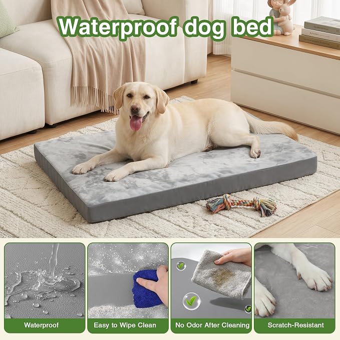 Waterproof XXXL Dog Bed, Outdoor Washable Large Foam Crate Pad 54"Anti-Slip | Jumbo Pet Bed, Reversible Faux Leather & Flannel, Durable Removable Cover, Kennel Pad 53"x36" Gray
