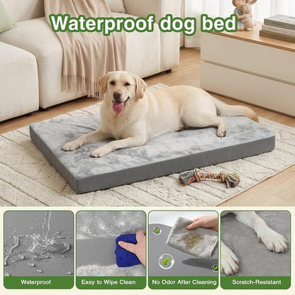 Waterproof Outdoor Dog Bed Large Sized, Washable Crate Pad 35" Orthopedic | Reversible Faux Leather & Flannel, Durable Removable Cover, Pet Bed Foam, Anti-Slip Bottom,Kennel Pad 35"x22" Gray