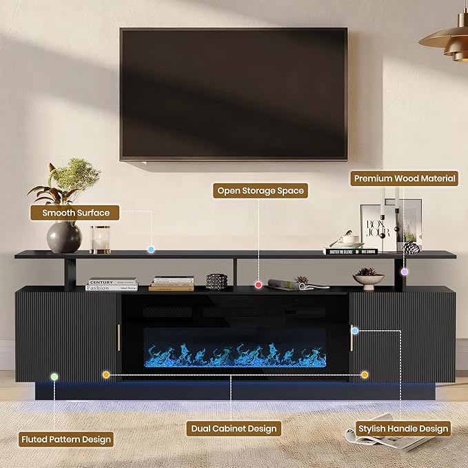 70” Fluted TV Stand with 36” Electric Fireplace, 2 Tier TV Console Cabinet with