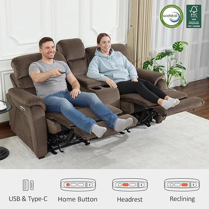 MCombo 73.8'' Wall Hugger Power Loveseat Recliner, Reclining Loveseat with Console, Adjustable Headrest, USB Charge Ports, Cup Holders, for Living Room, RVs, Small Spaces, Fabric ST258M2 (Coffee)