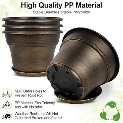 Plant Planters Pots Set of 4 Pack 13 Inch，Large Plastic Flower Pot for Indoor Plants with Drainage Holes & Trays, Resin Decorative Container Sets with Saucer for House Outdoor Garden Plant Dark Gold