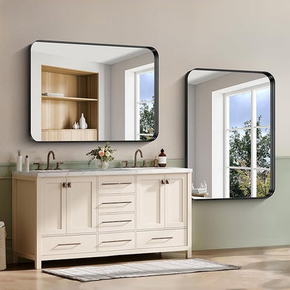 CIRCUMI Black Bathroom Mirror, Rounded Corner, Tempered Glass, Large Mirror