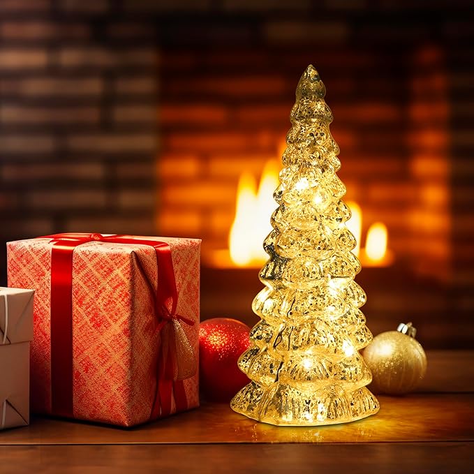 Christmas Tree Glass Decorative LED Light: 13.5" Tall, Battery Operated Holiday Tabletop Ornament, Frosted Glass Christmas Home Decor, Xmas Tree Night Light for Indoor Decor White
