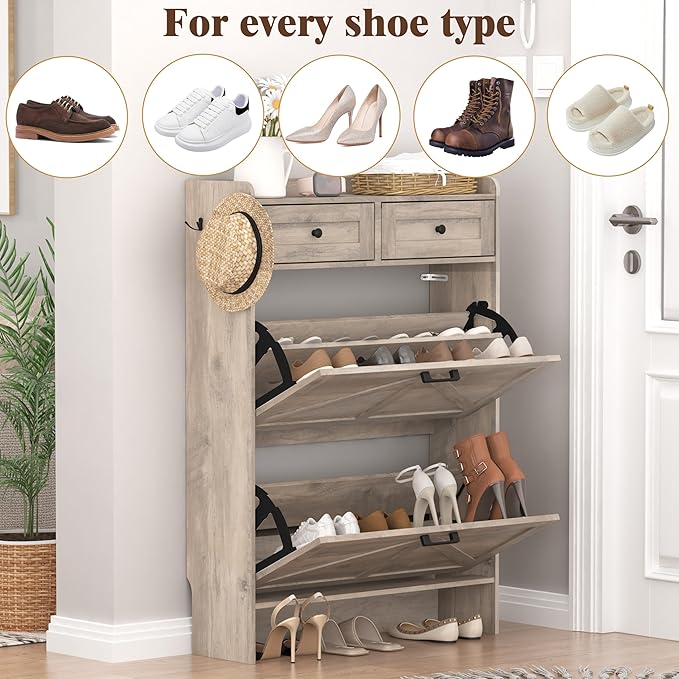 Shoe Cabinet with 2 Flip Drawers & 2 Storage Drawers, Rustic Farmhouse Narrow