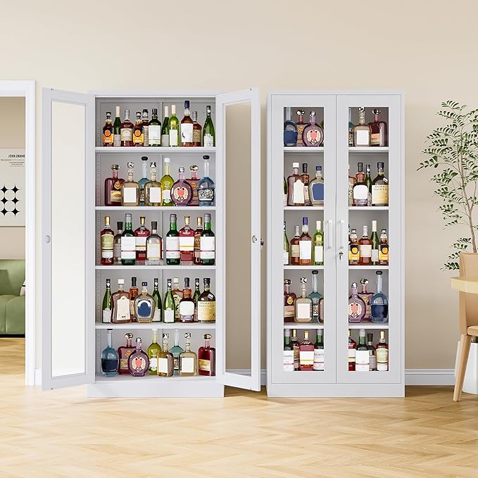 Metal Storage Cabinet with Lock and Glass Doors, Locking Curio Cabinets with 5