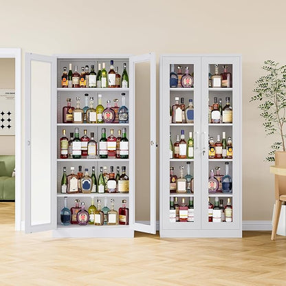 Metal Storage Cabinet with Lock and Glass Doors, Locking Curio Cabinets with 5