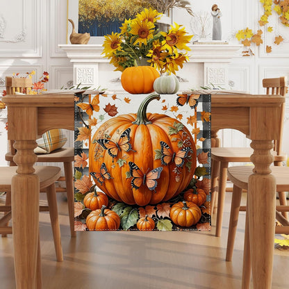 Linen Black and White Buffalo Check Plaid Fall Table Runner 72 Inches Long, Fall Leaves Pumpkin Butterfly Home Kitchen Table Decor, Farmhouse Autumn Thanksgiving Harvest Festival Decorations for Home