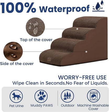 GoGoBunny Waterproof High Density Foam Curved Dog Stairs for High Beds Couches 19.7" H, 4-Step Ramp Dog Steps Friendly to Small Medium Dogs or Pets Joints, Non-Slip Balanced Durable Pet Step, Brown