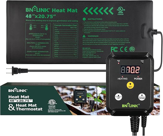 BN-LINK Seedling Heat Mat Heating Pad 48" x 20.75" with Digital Thermostat Controller Combo Set Waterproof for Indoor Seed Starting and Plant Germination