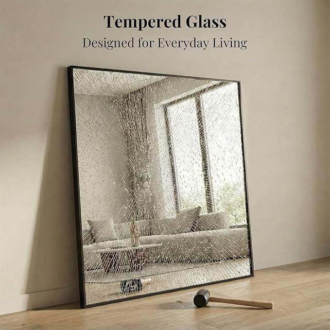 36''x36'' Large Black Square Mirror, Matte Metal Framed Bathroom Vanity Mirror