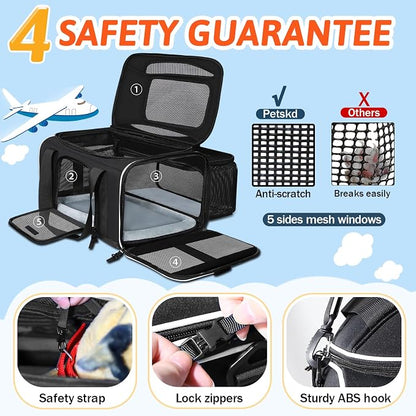 Petskd Top and Side Expandable Pet Carrier 18x13x9.5 Inches Southwest Airline Approved, Soft-Sided Carrier for Small Cats and Dogs with Locking Safety Zippers and Anti-Scratch Mesh(Black)