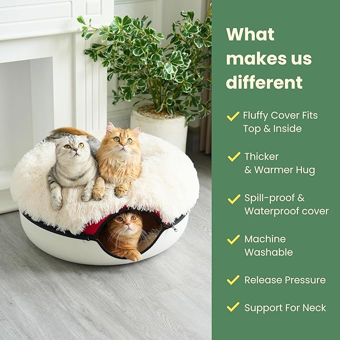 CATTASAURUS Peekaboo Cat Cave for Multiple & Large Cats Up to 30-45 Lbs, Fluffy Cat Beds & Furniture, Scratch Detachable & Washable Tunnel Bed, Comfy Donut Bed (Ruby Snowball, Large (Calming))
