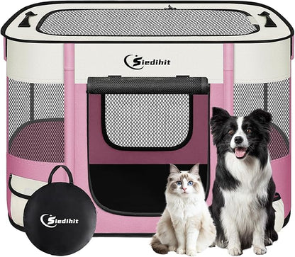 Siedihit Dog Playpen, Cat Pet Puppy Crate, Portable Playpens Indoor Outdoor (Pink, Medium)