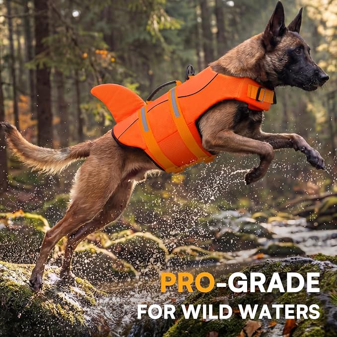 Dog Life Jacket, Dog Life Vest for Swimming, Medium Dogs Shark Swimming Safety Vest Adjustable Preserver with High Buoyancy, Pet Lifesaver for Medium Dogs, Orange M