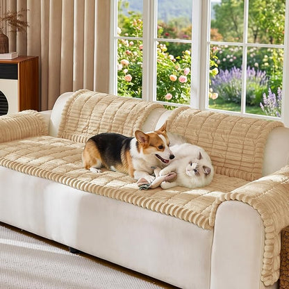 FUANGUI Waterproof Couch Cover Sofa Cover for Dogs and Pets Sofa Protector | Non-Slip Washable Fuzzy Soft Cat Bed Sofa Slipcover for 2-3 Cushion Couch Sofa Pet Friendly, Khaki, 27.6" x 59.1", 1 pcs