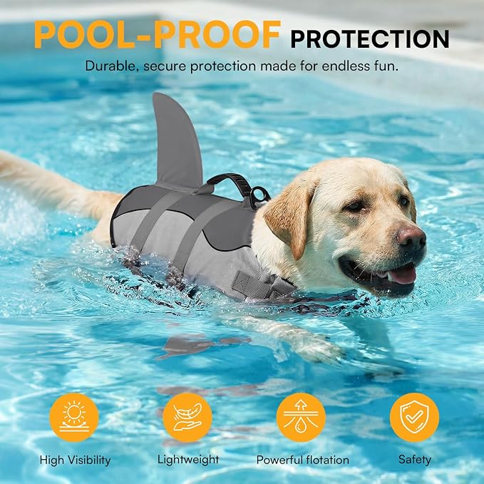Dog Life Jacket Ripstop Shark Dog Safety Vest Adjustable Preserver with High Buoyancy and Durable Rescue Handle for Small,Medium,Large Dogs, Grey Shark Small