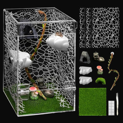 AZV Large Jumping Spider Enclosure Clouds Kit,Escape Proof Praying Mantis Habitat,Magnetic Front Door Tarantula Cribs Ventilation Spider Cage,Transparent Acrylic Reptile Tank,Bug Terrarium,Snail House
