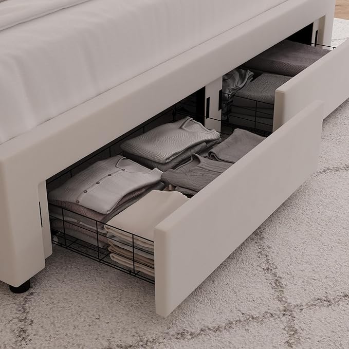 HITHOS Full Upholstered LED Bed Frame with 2 Storage Drawers, Velvet Platform Bed with Wingback Headboard, Solid Wooden Slats Support, No Box Spring Needed, Headboard Splicing Design, Beige