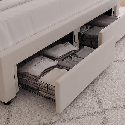 HITHOS Full Upholstered LED Bed Frame with 2 Storage Drawers, Velvet Platform Bed with Wingback Headboard, Solid Wooden Slats Support, No Box Spring Needed, Headboard Splicing Design, Beige