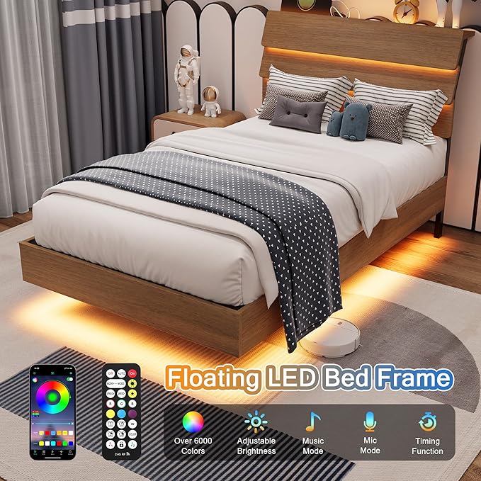 Twin Bed Frames with LED Light and Charging Station, Floating Wooden Bed Frame, Heavy Duty Metal Slats, No Box Spring Needed, Noise Free, Easy Assembly, Walnut