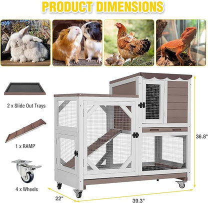 Aivituvin 39.3" Large 2-Story Rabbit Hutch, Indoor Outdoor Bunny Cage with Chew-Proof Ramp, Leak-Proof & Easy-to-Clean Tray, Lockable Wheels, for Rabbits & Guinea Pigs