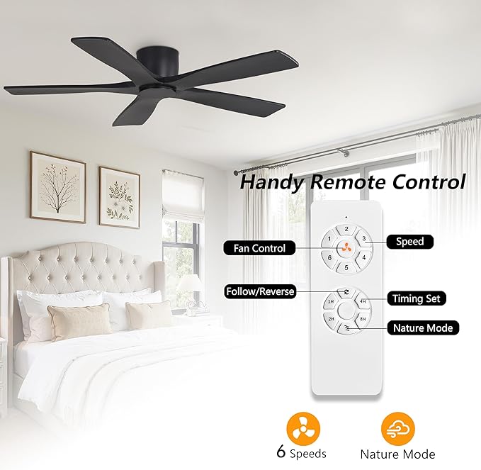 WINGBO 48" Flush Mount DC Ceiling Fans Without Lights, 5 Carved Solid Wood