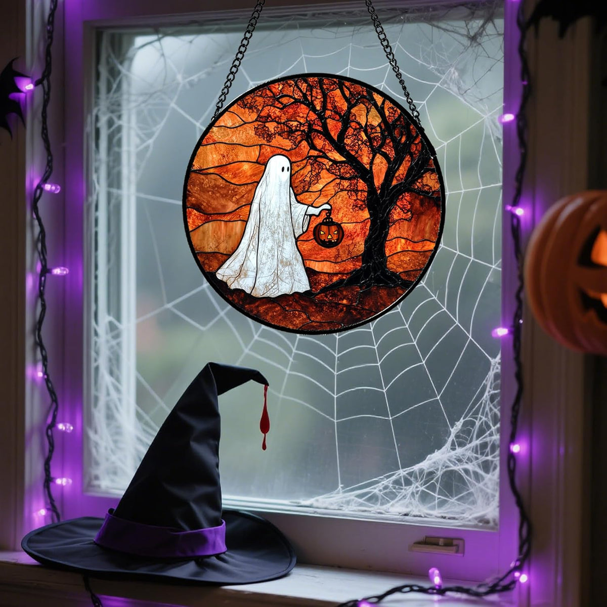 Stained Glass Window Hanging - Halloween Ghost Holding A Pumpkin Lantern Suncatcher for Door Garden Spooky Tree Sun Catchers Gothic Decorations Horror Gifts for Women Men Friend 7.8 in