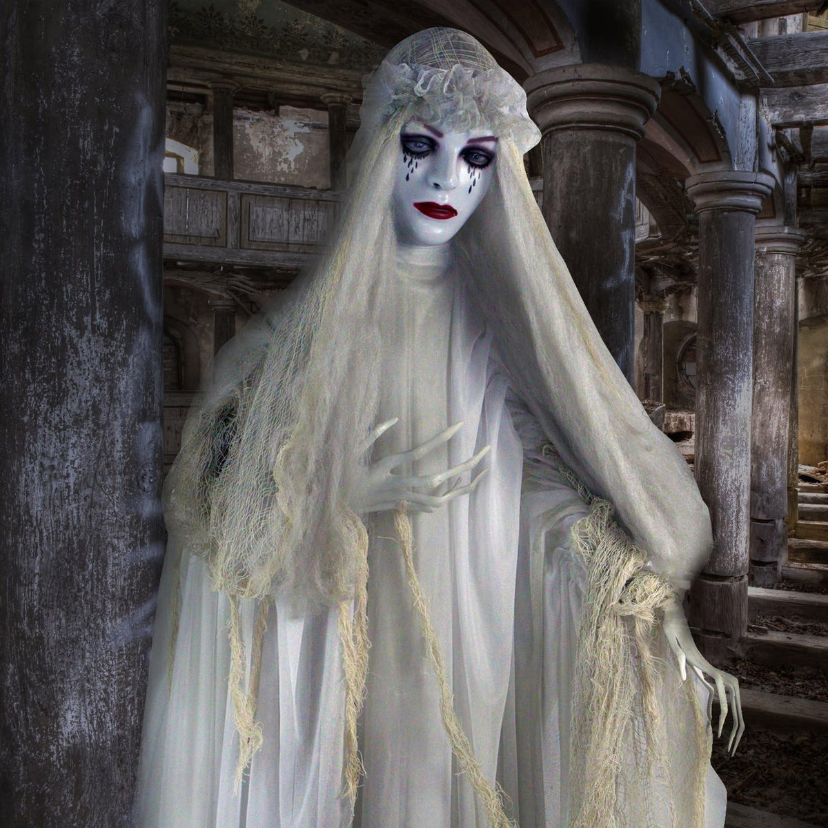 Haunted Hill Farm Life-Size Scary Ghost Bride, Halloween Animatronic with Touch Activated Lights and Sound, Battery Operated Indoor or Covered Outdoor Halloween Decorations, Creepy Halloween Prop