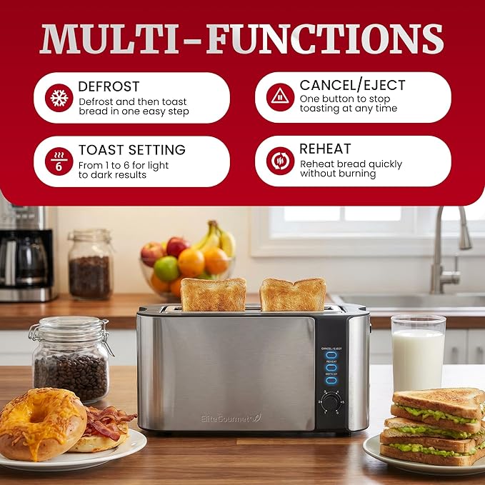 Elite Gourmet ECT3200 2-Slice, 1 Long Slot, Slim Toaster, 6 Toast Settings