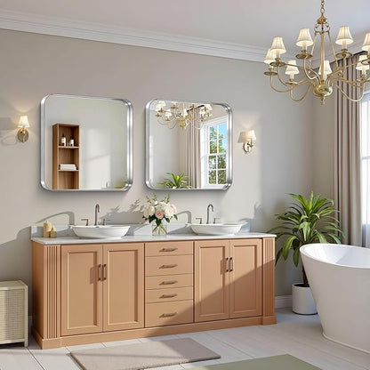 CIRCUMI Silver Bathroom Mirror, Rounded Corner, Tempered Glass, Square Mirror
