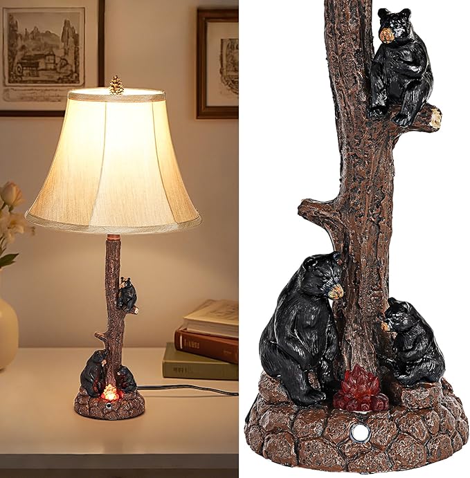 Classic Rustic Table Lamp with Three Black Bears Around Fire Pit - 25.59 Height, 3-Level Dimmable Campfire Light, USB/Type-C Powered, E26 Socket for Bedroom Living Room Decor