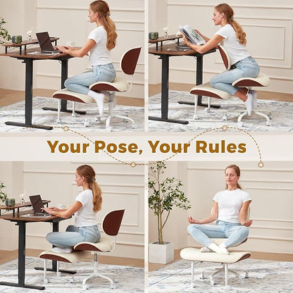 EROMMY Criss Cross Chair with Wheels Retractable footrest, Wide and Thickened ADHD Chair, Ergonomic Cross Legged Kneeling Desk Chairs for Meditation Yoga, Beige & Brown