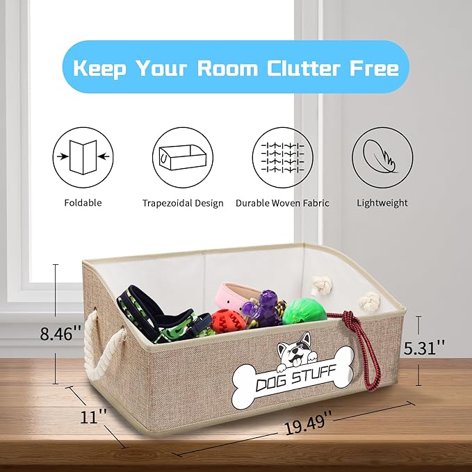 Collapsible Fabric Dog Toy Box and Storage Bin With Handle - Trapezoid Basket Chest Organizer for Pet Toys, Blankets and Accessories,Yellow