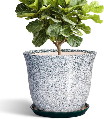 12 Inch Pot for Plants- Ceramic Planter Indoor Outdoor, Round Large Plant Pots with Drainage Hole and Saucer, Decorative Flower Pots, Modern Planter, Garden Decor, Plant Lovers Gifts, Green