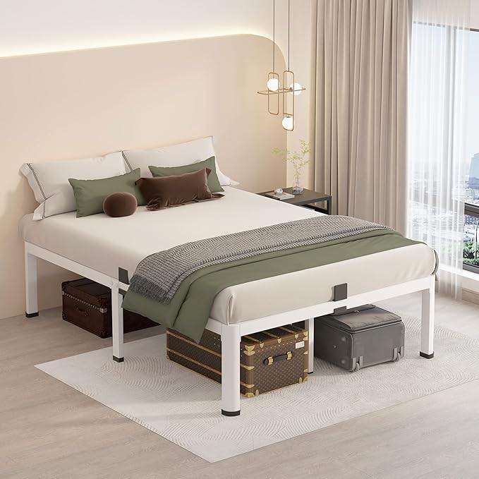 MAF 18 Inch Full Size Bed Frame White with Round Corner Legs Mattress Slide Stopper No Box Spring Needed Heavy Duty Metal Platform Bed Frames Under-Bed Storage Space, 3000 LBS Steel Slats Support