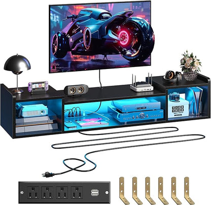 55.1"W Floating TV Stand with LED Lights & Power Outlets
