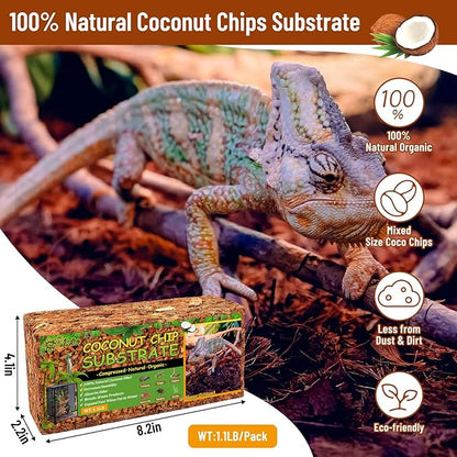 Riare 6 Pack Natural Coconut Chip Substrate for Reptiles- Compressed Coconut Husk Reptiles Bedding, Coco Husk Chip Terrarium Substrate for Snakes, Tortoises, Ball Python, Frogs, Bearded Dragon, Lizard