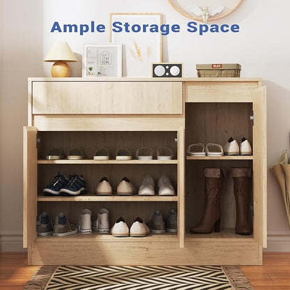 Shoe Cabinet Storage with 3 Doors, Freestanding Shoe Cabinet with Drawer &