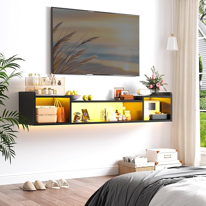 55.1"W Floating TV Stand with LED Lights & Power Outlets