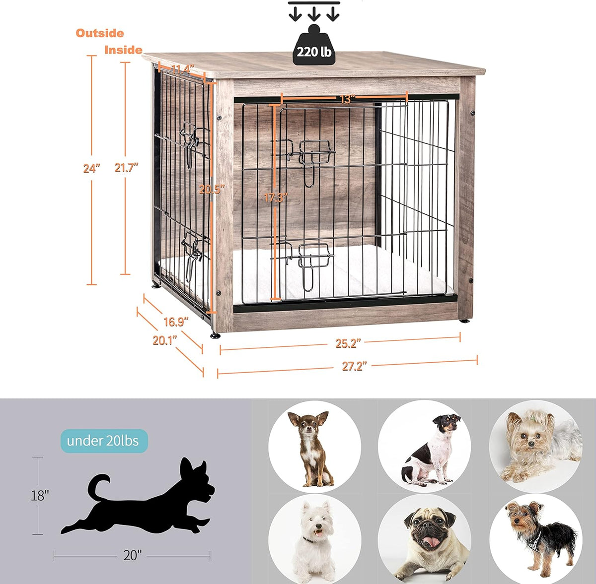 DWANTON Dog Crate Furniture with Cushion, Wooden Kennel Table with Double Doors, Indoor Dog House, Small/Medium/Large/Extra Large Size, 27.2" L, Greige