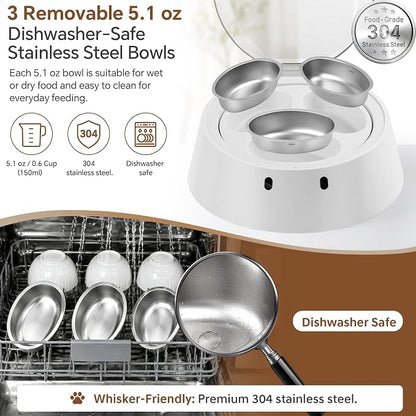 RFID Automatic Cat Feeder for Multi-Pet Households, Selective Microchip Pet Feeder with 3 Stainless Bowls (1 Public, 2 Hidden), Prevents Food Stealing, Special Diet Dispenser, Dual Power