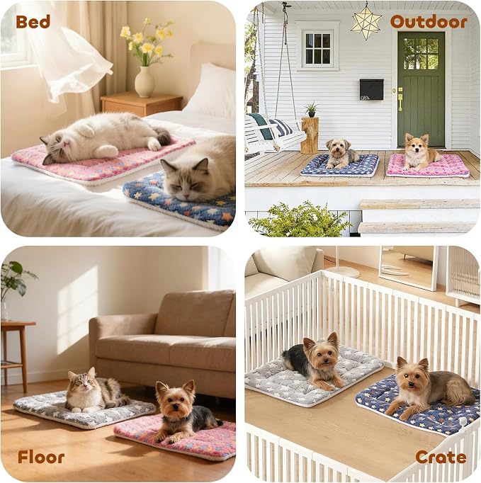 Mora Pets Cat Bed Ultra Soft Dog Crate Pad Star Print 14 x 17.5 inch Blue | Washable Crate Mat for Small Dogs and Indoor Cats, Reversible Fleece Dog Kennel Pad, Flat Pet Bed, Cat Carrier Mat