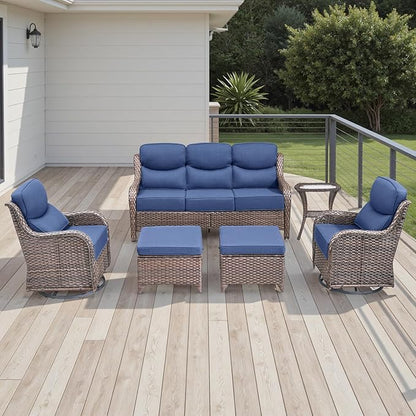 Rilyson Wicker Outdoor Patio Furniture Set - 6 Piece Patio Conversation Sets with Swivel Rocker Chairs, Ottomans, Sofa and Side Table, 6 inch Cushions, Waterproof Wicker, for Porch Deck Brown/Blue