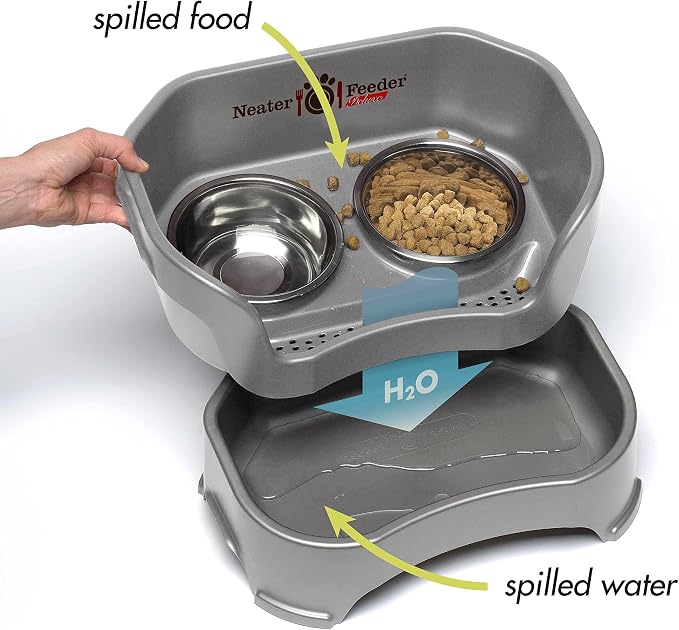 Neater Pet Brands Neater Feeder Deluxe Mess Proof Cat Bowls Elevated, Made in USA, No Spill Raised Bowls for Indoor Cats, Stainless Steel Food and Water Bowl Set, Pet Dish Feeding Station, Gunmetal