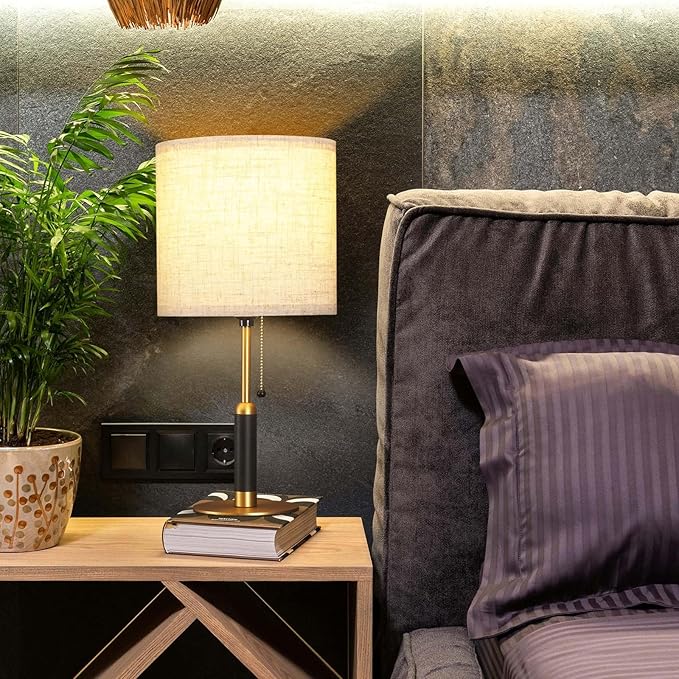 18.9" Bedside Table Lamp for Nightstand 3-Color Temperatures Living Room Lamp for Bedroom Wood Fabric Pull Chain Switch Small Desk Lamps Home Office End Table Room Decor (Light Brown+Brass)