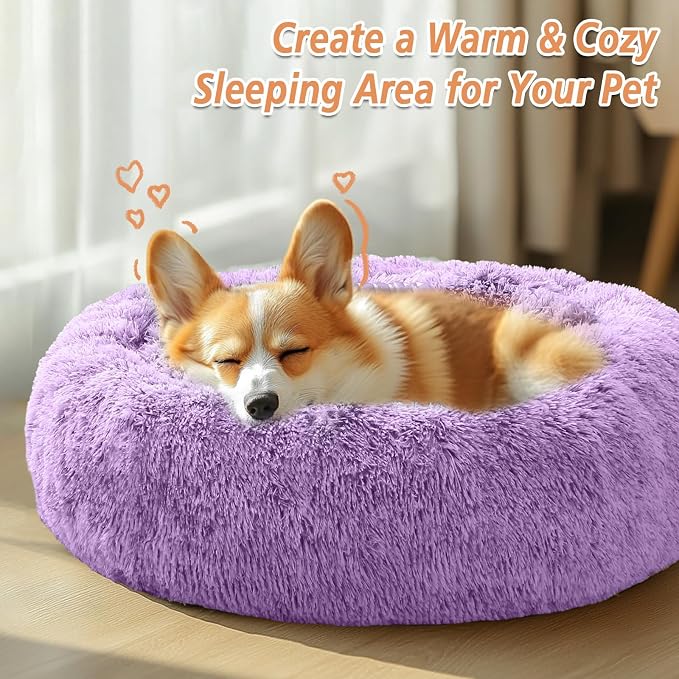 JOLLYVOGUE Calming Dog Bed for Small Dogs - 23 inches Donut Washable Small Dog Bed for Kittens & Puppies, Anti-Slip Round Fluffy Plush Faux Fur Cat Beds (Fits up to 25 lbs Pets, Purple)